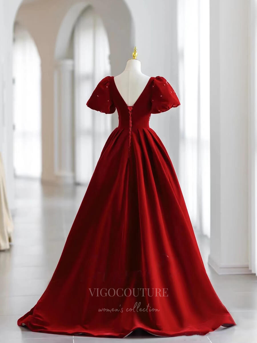 Red Velvet Puffed Sleeve Prom Dress V-Neck 21005