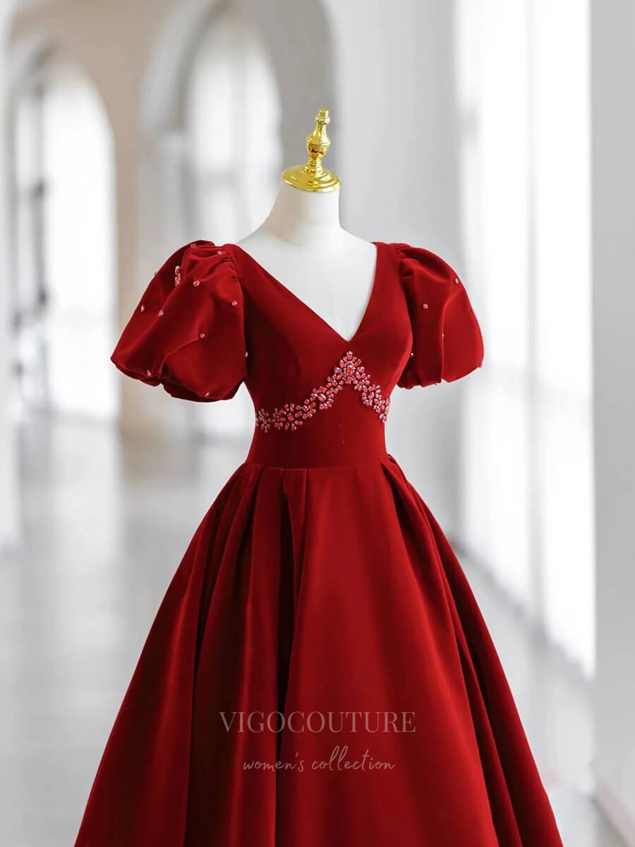 Prom Dress 2025 Red Velvet Puffed Sleeve Prom Dress V-Neck 21005-unique elegant Prom Dresses-Red-Custom Size-vigocouture