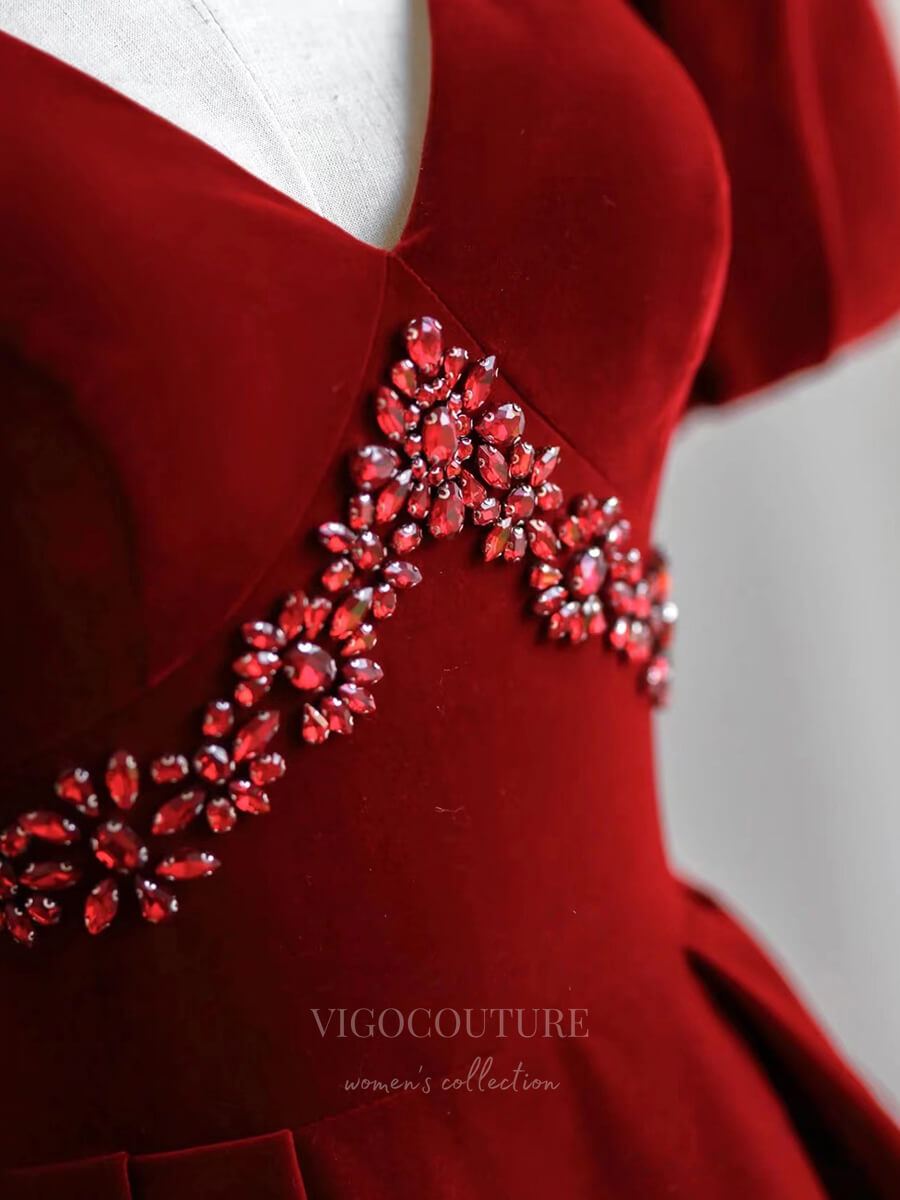 Prom Dress 2025 Red Velvet Puffed Sleeve Prom Dress V-Neck 21005-unique elegant Prom Dresses-Red-Custom Size-vigocouture