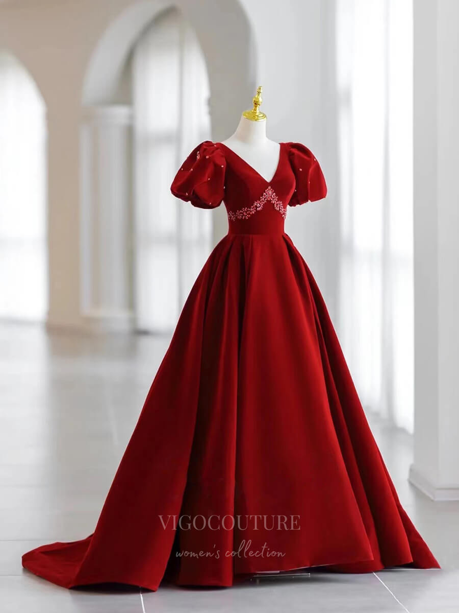 Prom Dress 2025 Red Velvet Puffed Sleeve Prom Dress V-Neck 21005-unique elegant Prom Dresses-Red-Custom Size-vigocouture