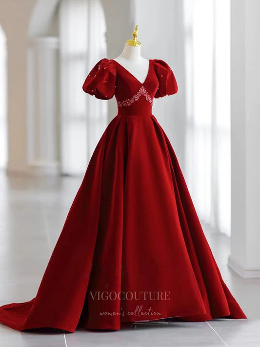 Prom Dress 2025 Red Velvet Puffed Sleeve Prom Dress V-Neck 21005-unique elegant Prom Dresses-Red-Custom Size-vigocouture