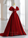 Prom Dress 2025 Red Velvet Puffed Sleeve Prom Dress V-Neck 21005-unique elegant Prom Dresses-Red-Custom Size-vigocouture