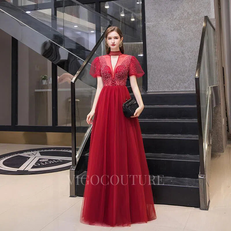 Prom Dress 2025 Reglan Sleeve Prom Dress High Neck Beaded Evening Dresses 20076-unique elegant Prom Dresses-Red-US2-vigocouture