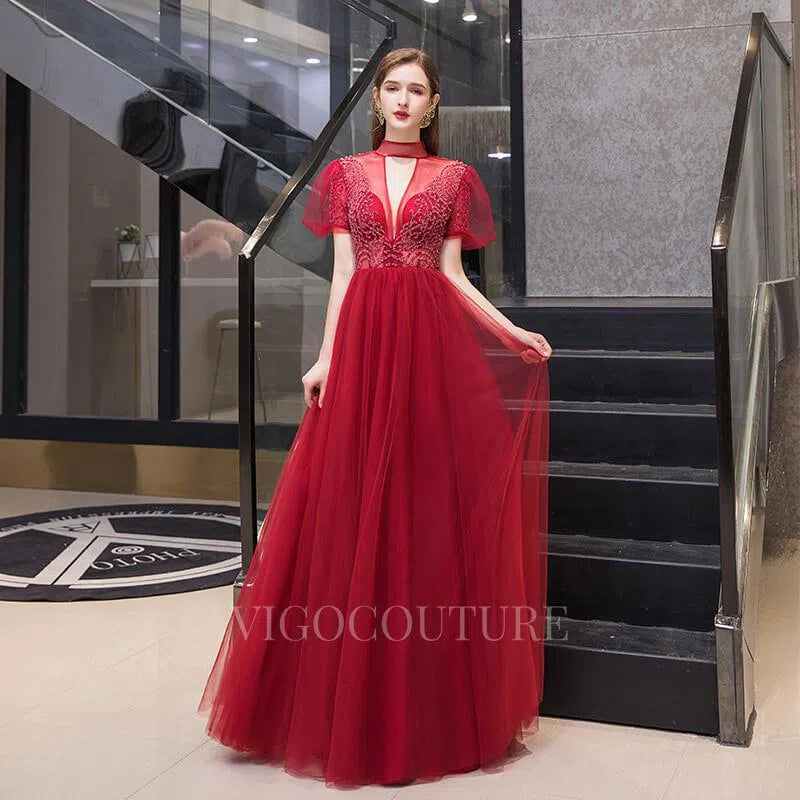 Prom Dress 2025 Reglan Sleeve Prom Dress High Neck Beaded Evening Dresses 20076-unique elegant Prom Dresses-Red-US2-vigocouture