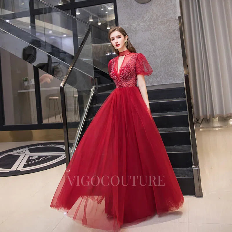 Prom Dress 2025 Reglan Sleeve Prom Dress High Neck Beaded Evening Dresses 20076-unique elegant Prom Dresses-Red-US2-vigocouture