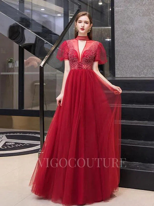 Prom Dress 2025 Reglan Sleeve Prom Dress High Neck Beaded Evening Dresses 20076-unique elegant Prom Dresses-Red-US2-vigocouture