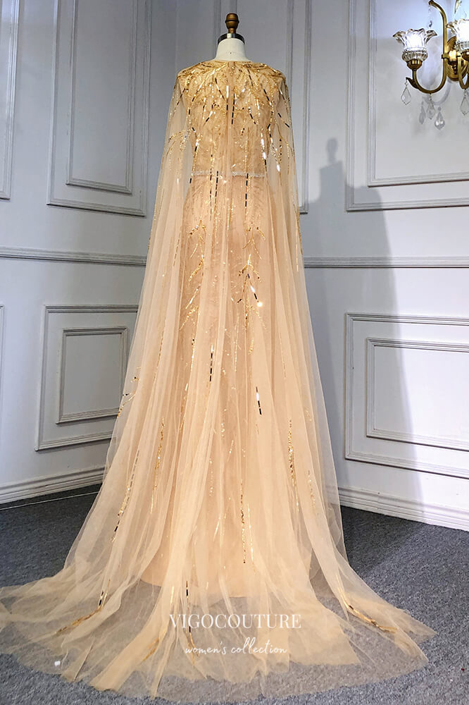 Prom Dress 2025 Removable Cape Formal Dresses Beaded Mermaid Prom Dress 21617-unique elegant Prom Dresses-Champagne-US2-vigocouture