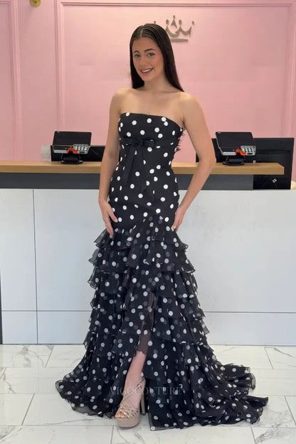 Prom Dresses 2025 to impress Retro Polka Dot Prom Dress with Strapless Bow Bodice, Tiered Ruffle Skirt and Slit – 26170-vigocouture-vigocouture