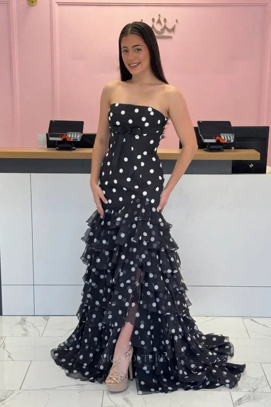 Prom Dresses 2025 to impress Retro Polka Dot Prom Dress with Strapless Bow Bodice, Tiered Ruffle Skirt and Slit – 26170-vigocouture-vigocouture