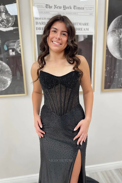 Prom Dresses 2025 to impress Rhinestone Satin Mermaid Prom Dress with Sheer Corset Bodice & High Slit – 26084-vigocouture-vigocouture