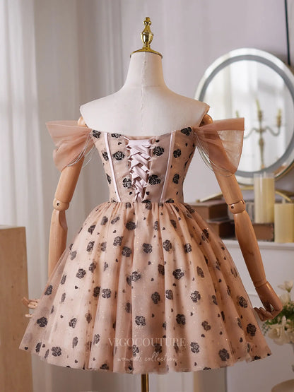 Prom Dresses 2025 to impress Romantic Champagne Glitter Homecoming Dress with Rhinestone Bodice, Off-Shoulder Sleeves & Floral Tulle Skirt – 26011-vigocouture-vigocouture