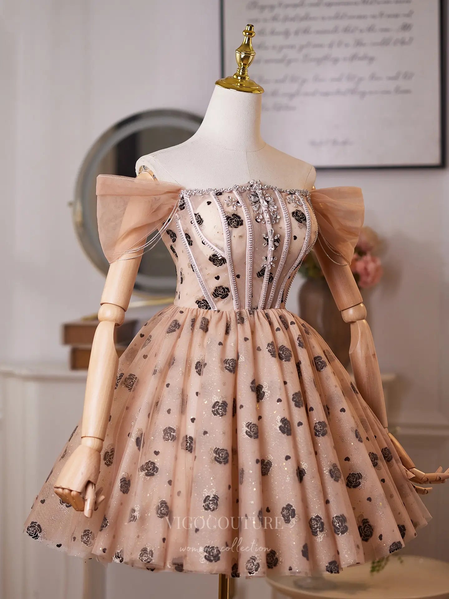 Prom Dresses 2025 to impress Romantic Champagne Glitter Homecoming Dress with Rhinestone Bodice, Off-Shoulder Sleeves & Floral Tulle Skirt – 26011-vigocouture-vigocouture