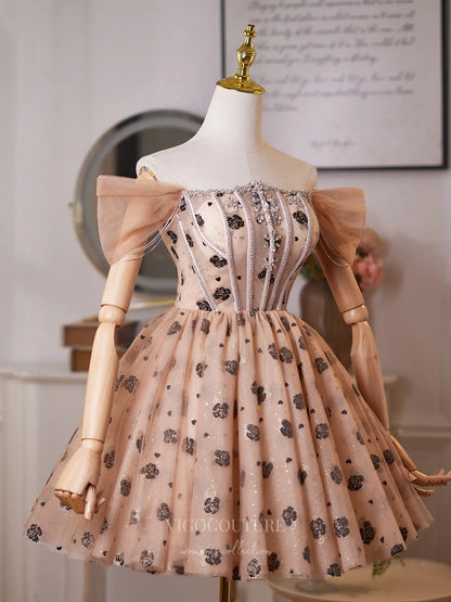 Prom Dresses 2025 to impress Romantic Champagne Glitter Homecoming Dress with Rhinestone Bodice, Off-Shoulder Sleeves & Floral Tulle Skirt – 26011-vigocouture-vigocouture
