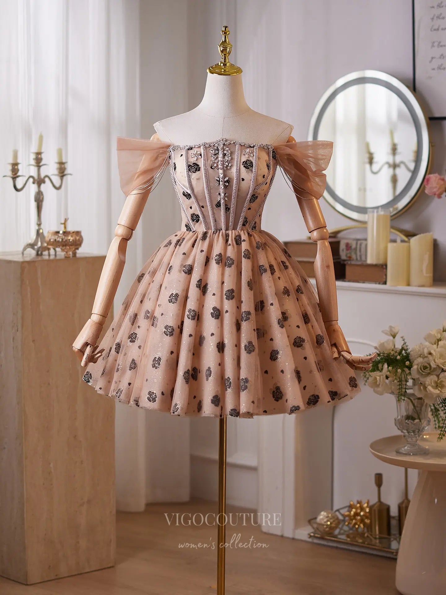 Prom Dresses 2025 to impress Romantic Champagne Glitter Homecoming Dress with Rhinestone Bodice, Off-Shoulder Sleeves & Floral Tulle Skirt – 26011-vigocouture-vigocouture