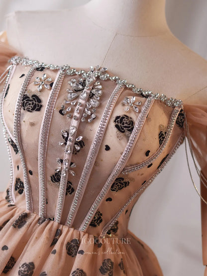 Prom Dresses 2025 to impress Romantic Champagne Glitter Homecoming Dress with Rhinestone Bodice, Off-Shoulder Sleeves & Floral Tulle Skirt – 26011-vigocouture-vigocouture