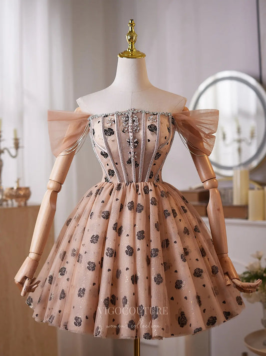 Romantic Champagne Glitter Homecoming Dress with Rhinestone Bodice, Off-Shoulder Sleeves & Floral Tulle Skirt – 26011