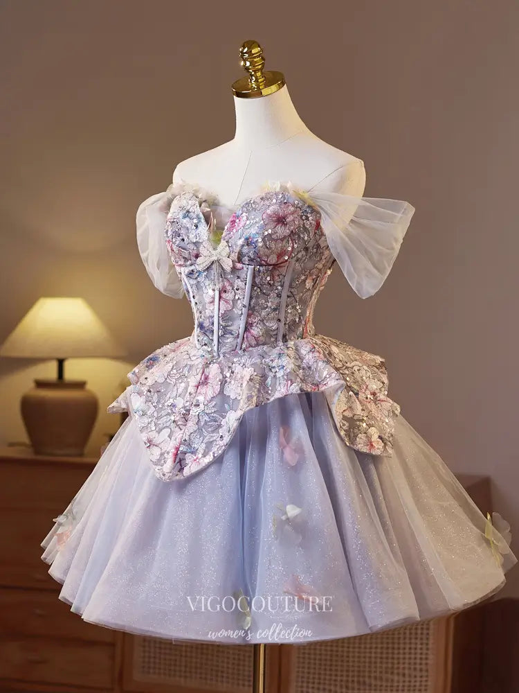 Romantic Floral Corset Hoco Dress with Overskirt – Fairycore Off-Shoul – vigocouture