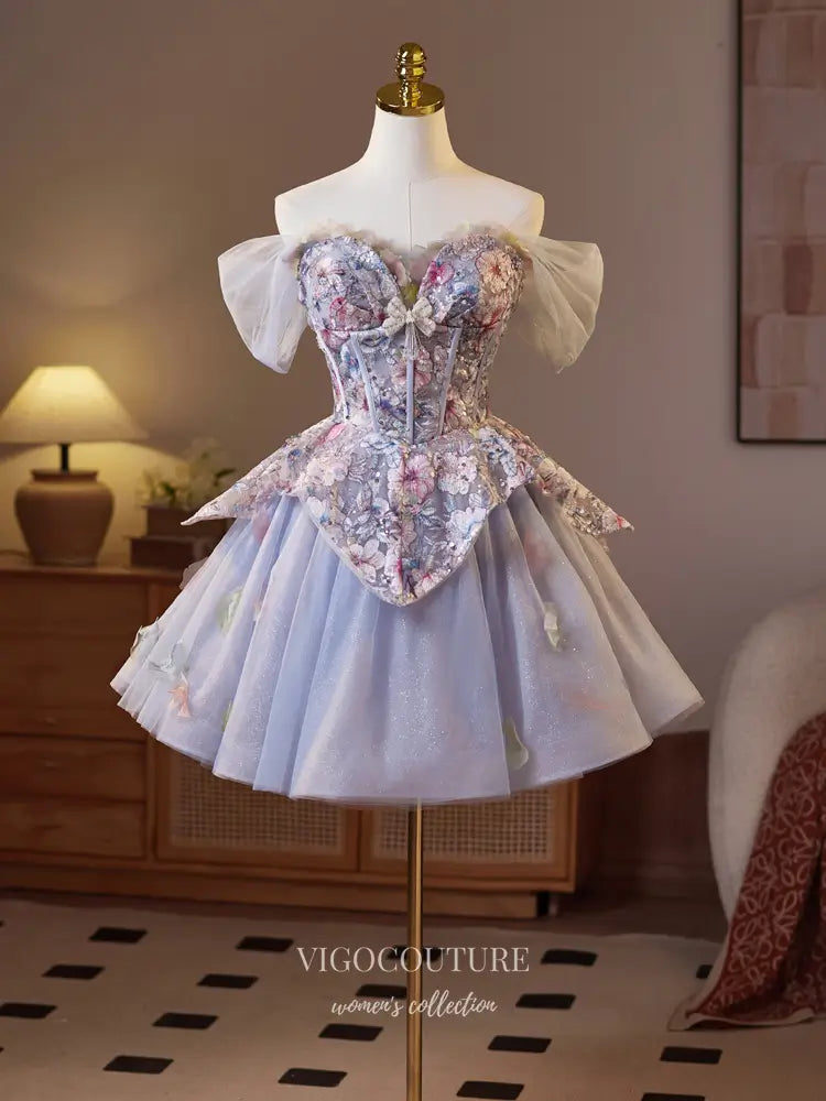 Romantic Floral Corset Hoco Dress with Overskirt – Fairycore Off-Shoulder Cocktail Gown – hc475 Lavender / US4