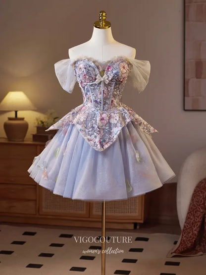 Romantic Floral Corset Hoco Dress with Overskirt Fairycore Off-Shoul vigocouture Romantic Floral Corset Hoco Dress with Overskirt Fairycore Off-Shoul vigocouture
