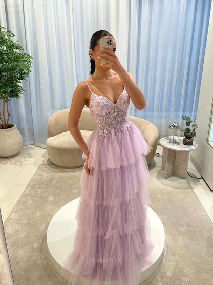 Prom Dresses 2025 to impress Romantic Floral Lace Corset A-Line Prom Dress with Tiered Tulle Skirt & Spaghetti Strap - P26043-vigocouture-Pink-Custom Size (Add Note in Cart)-vigocouture