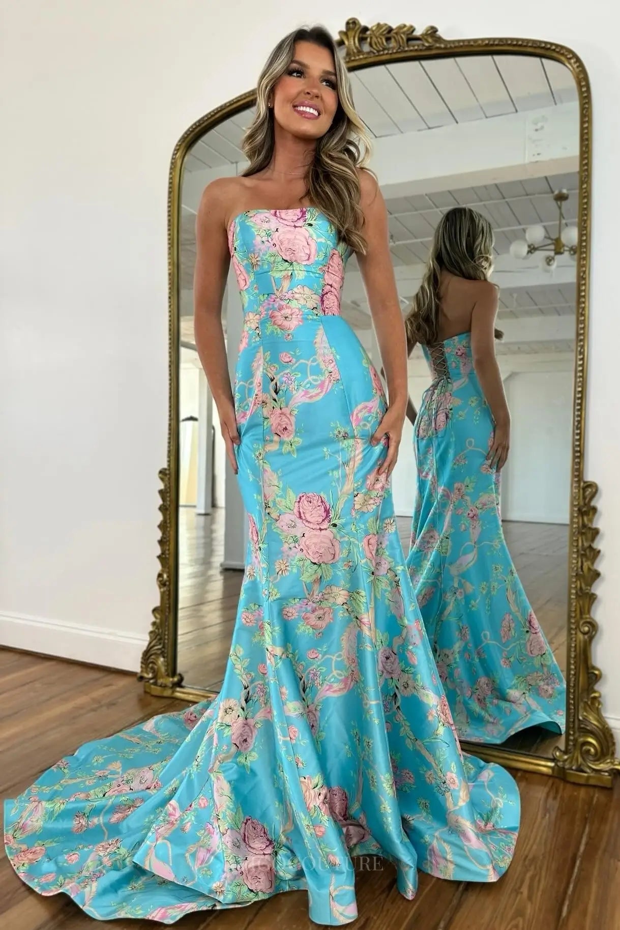 Romantic Floral Print Strapless Prom Dress with Lace-Up Back & Mermaid Skirt – FP027 Romantic Floral Print Strapless Prom Dress with Lace-Up Back & Mermaid Skirt – FP027