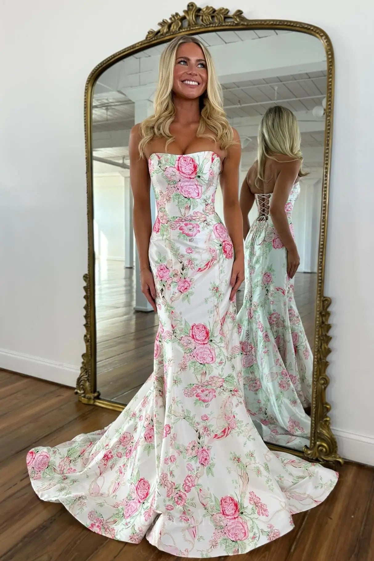 Romantic Floral Print Strapless Prom Dress with Lace-Up Back & Mermaid Skirt – FP027 Romantic Floral Print Strapless Prom Dress with Lace-Up Back & Mermaid Skirt – FP027