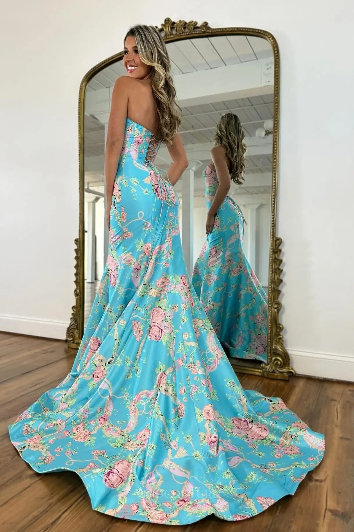 Prom Dresses 2025 to impress Romantic Floral Print Strapless Prom Dress with Lace-Up Back & Mermaid Skirt – FP027-vigocouture-vigocouture