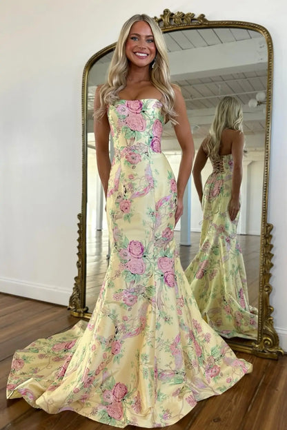 Prom Dresses 2025 to impress Romantic Floral Print Strapless Prom Dress with Lace-Up Back & Mermaid Skirt – FP027-vigocouture-Yellow-Custom Size (Add Note in Cart)-vigocouture