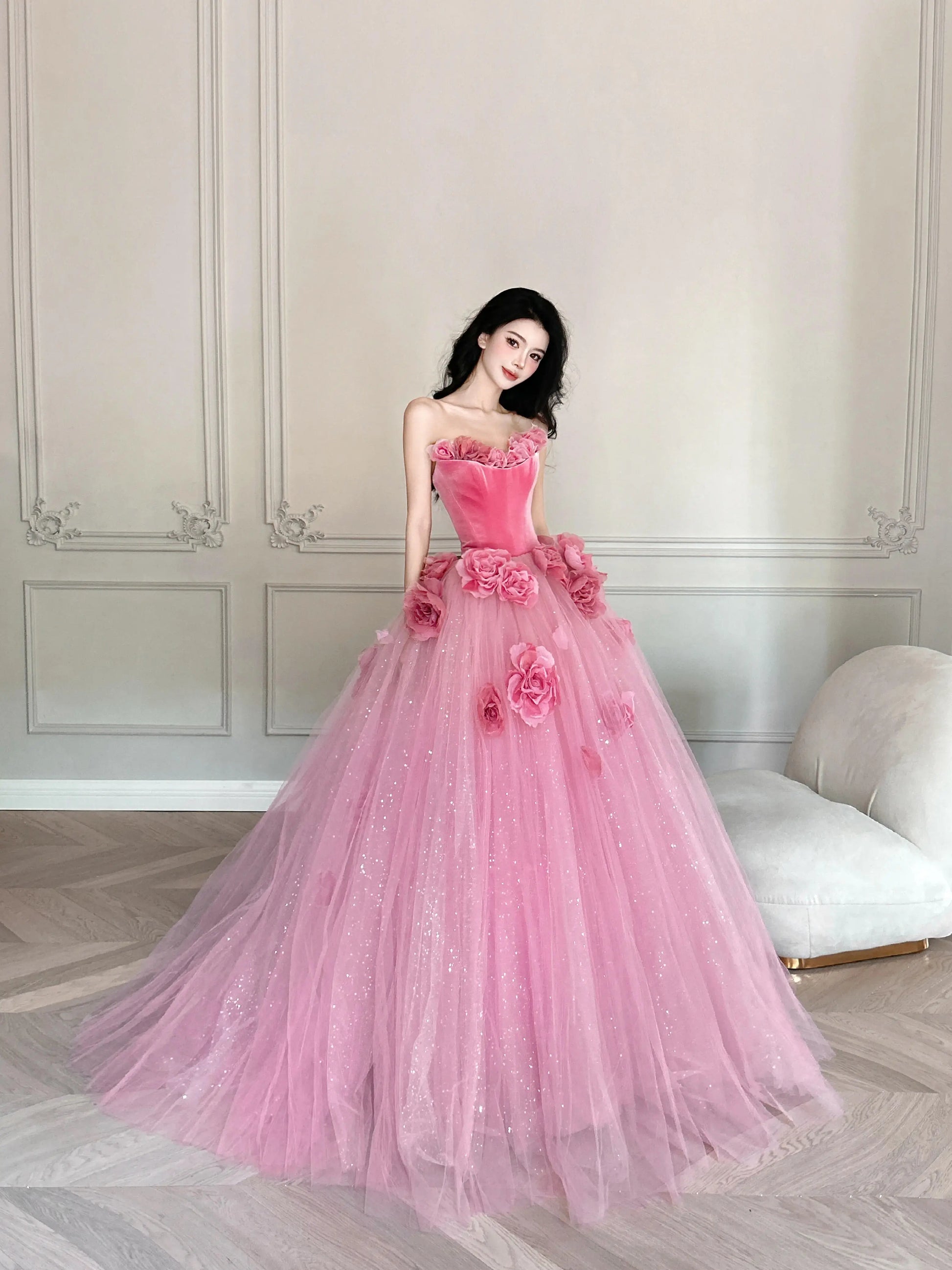 Romantic Pink Velvet & Tulle Ball Gown Floral Appliqu Strapless Dre vigocouture Romantic Pink Velvet & Tulle Ball Gown Floral Appliqu Strapless Dre vigocouture