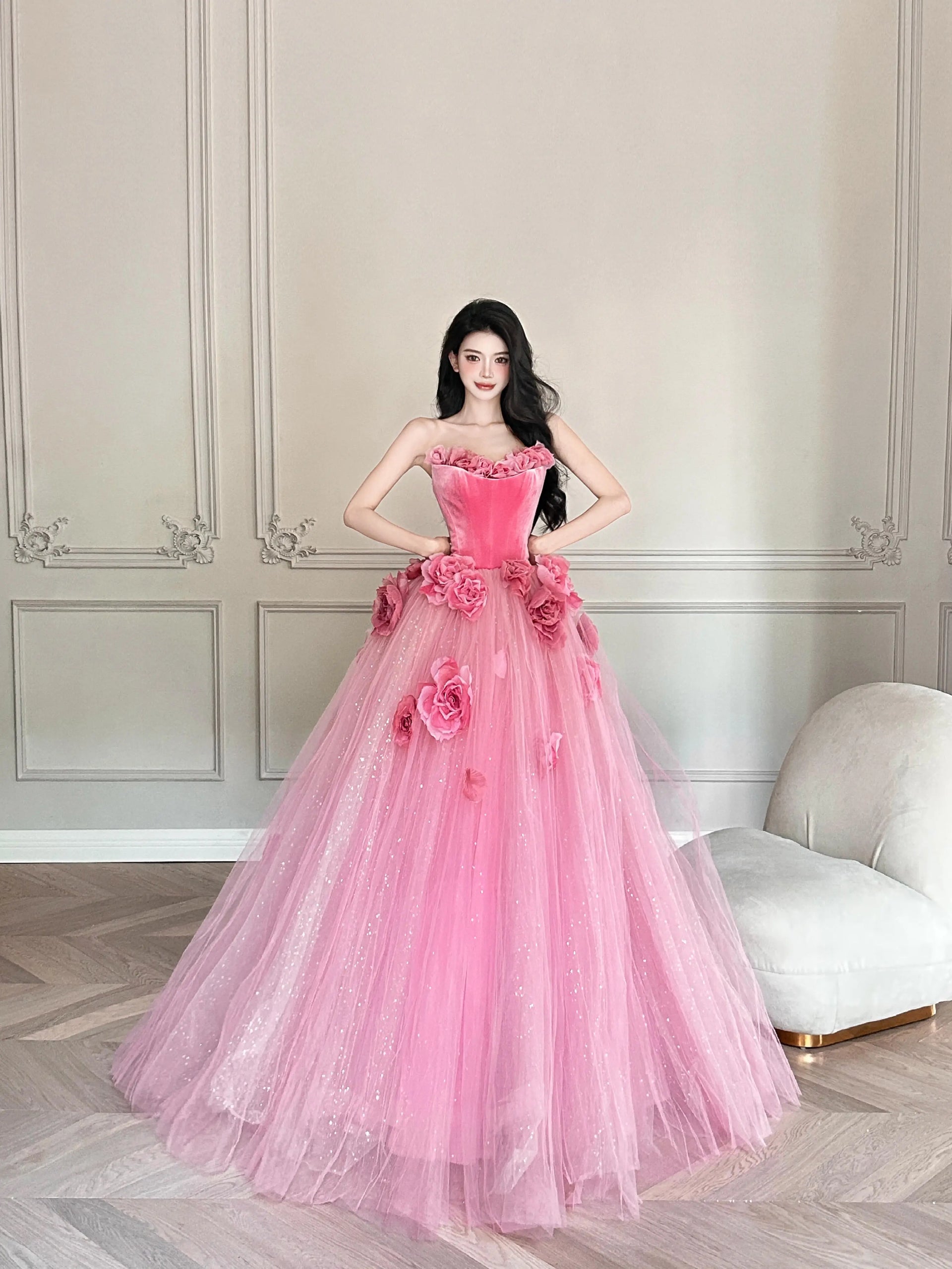 Romantic Pink Velvet & Tulle Ball Gown – Floral Appliqué Strapless Dre – vigocouture