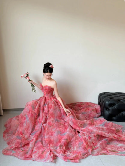 Prom Dresses 2025 to impress Romantic Red Floral Ball Gown with Strapless Bodice and Layered Organza Skirt – F002-vigocouture-vigocouture