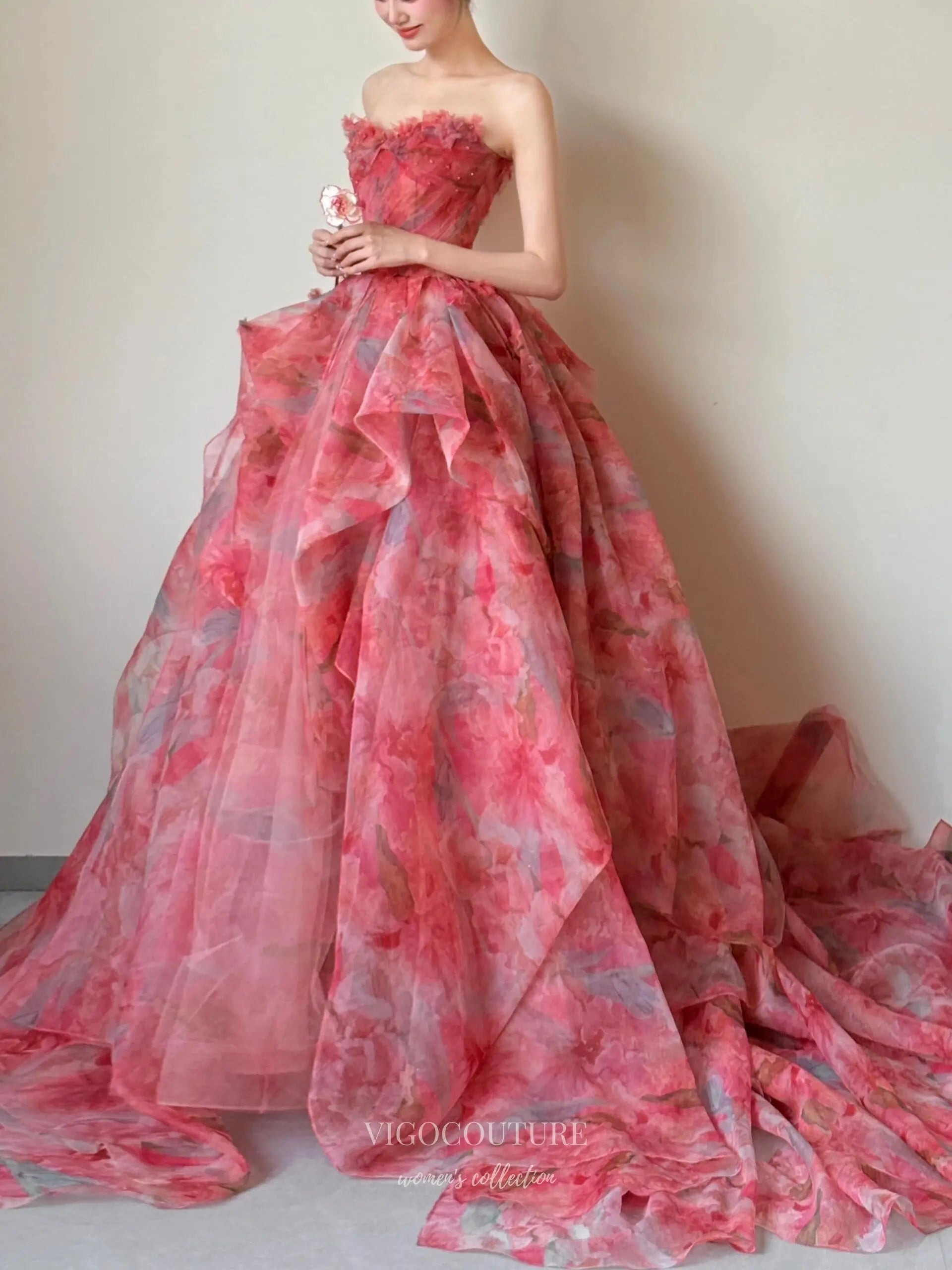 Prom Dresses 2025 to impress Romantic Red Floral Ball Gown with Strapless Bodice and Layered Organza Skirt – F002-vigocouture-vigocouture