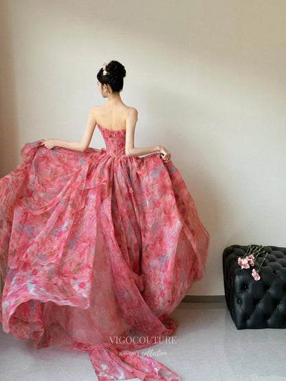 Prom Dresses 2025 to impress Romantic Red Floral Ball Gown with Strapless Bodice and Layered Organza Skirt – F002-vigocouture-vigocouture