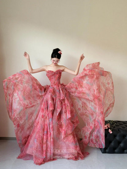 Prom Dresses 2025 to impress Romantic Red Floral Ball Gown with Strapless Bodice and Layered Organza Skirt – F002-vigocouture-vigocouture