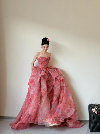 Prom Dresses 2025 to impress Romantic Red Floral Ball Gown with Strapless Bodice and Layered Organza Skirt – F002-vigocouture-vigocouture