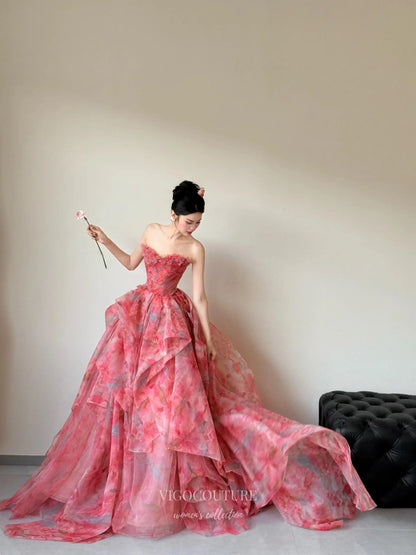 Prom Dresses 2025 to impress Romantic Red Floral Ball Gown with Strapless Bodice and Layered Organza Skirt – F002-vigocouture-vigocouture