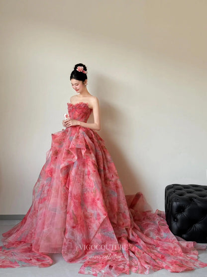 Prom Dresses 2025 to impress Romantic Red Floral Ball Gown with Strapless Bodice and Layered Organza Skirt – F002-vigocouture-vigocouture