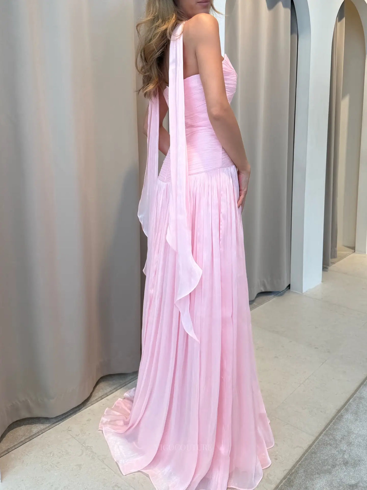 Prom Dresses 2025 to impress Romantic Strapless Pleated Chiffon Prom Dress with Ruched Drop Waist and Neck Scarf - P26053-vigocouture-vigocouture