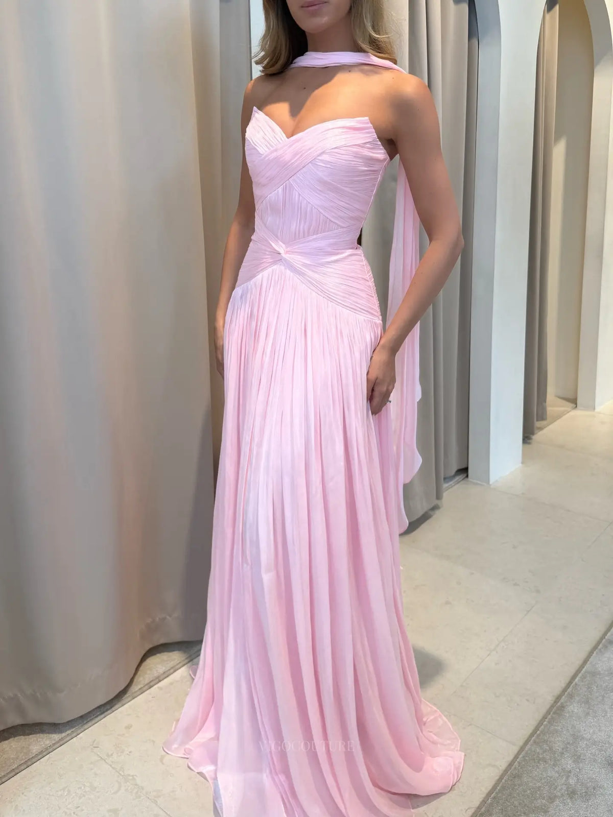 Prom Dresses 2025 to impress Romantic Strapless Pleated Chiffon Prom Dress with Ruched Drop Waist and Neck Scarf - P26053-vigocouture-vigocouture