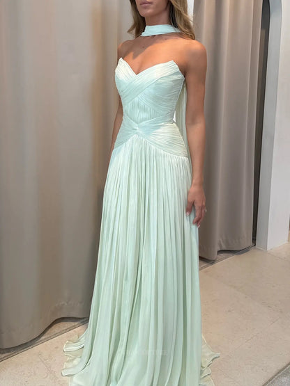 Prom Dresses 2025 to impress Romantic Strapless Pleated Chiffon Prom Dress with Ruched Drop Waist and Neck Scarf - P26053-vigocouture-vigocouture