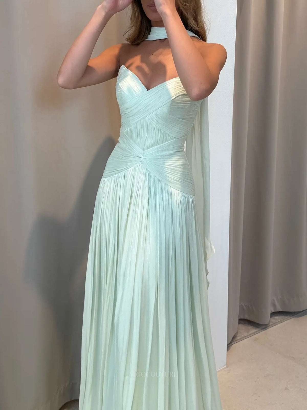 Prom Dresses 2025 to impress Romantic Strapless Pleated Chiffon Prom Dress with Ruched Drop Waist and Neck Scarf - P26053-vigocouture-vigocouture