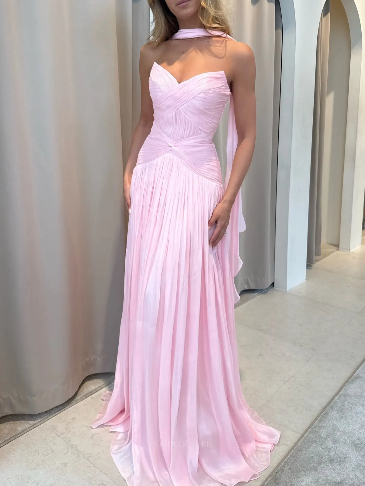 Prom Dresses 2025 to impress Romantic Strapless Pleated Chiffon Prom Dress with Ruched Drop Waist and Neck Scarf - P26053-vigocouture-Pink-Custom Size (Add Note in Cart)-vigocouture