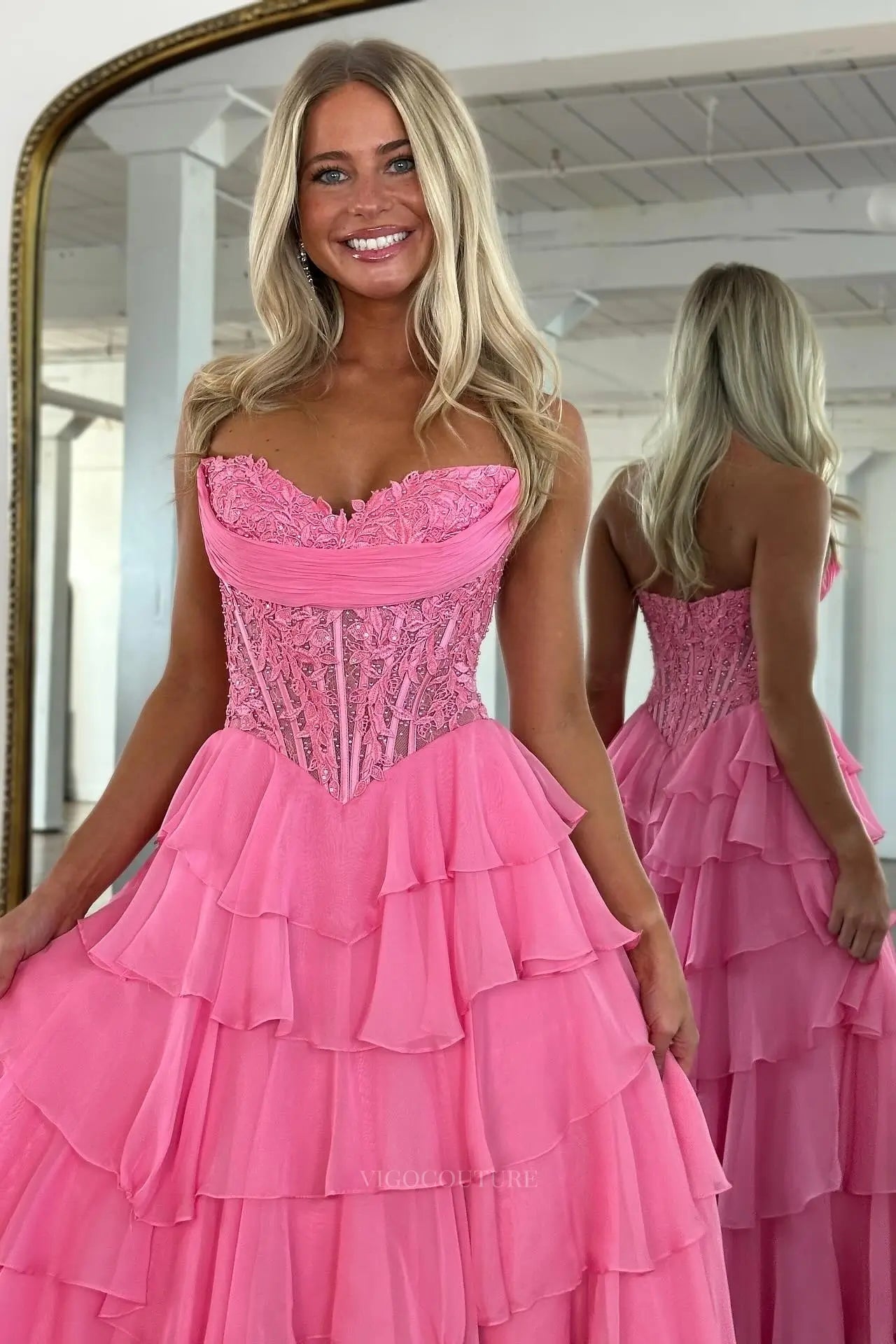 Prom Dresses 2025 to impress Romantic Tiered Ruffle Prom Dress with Lace Corset Bodice, Draped Neckline & Front Slit – 26150-vigocouture-vigocouture