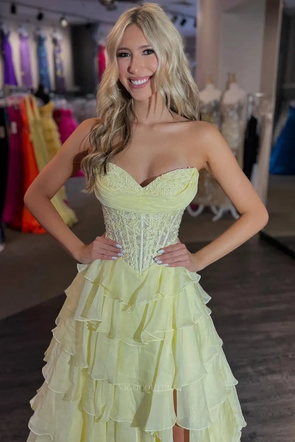 layered ruffle prom dress Romantic Tiered Ruffle Prom Dress with Lace Corset Bodice, Draped Neckline & Front Slit – 26150