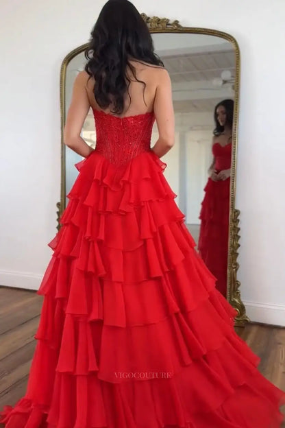 Prom Dresses 2025 to impress Romantic Tiered Ruffle Prom Dress with Lace Corset Bodice, Draped Neckline & Front Slit – 26150-vigocouture-vigocouture
