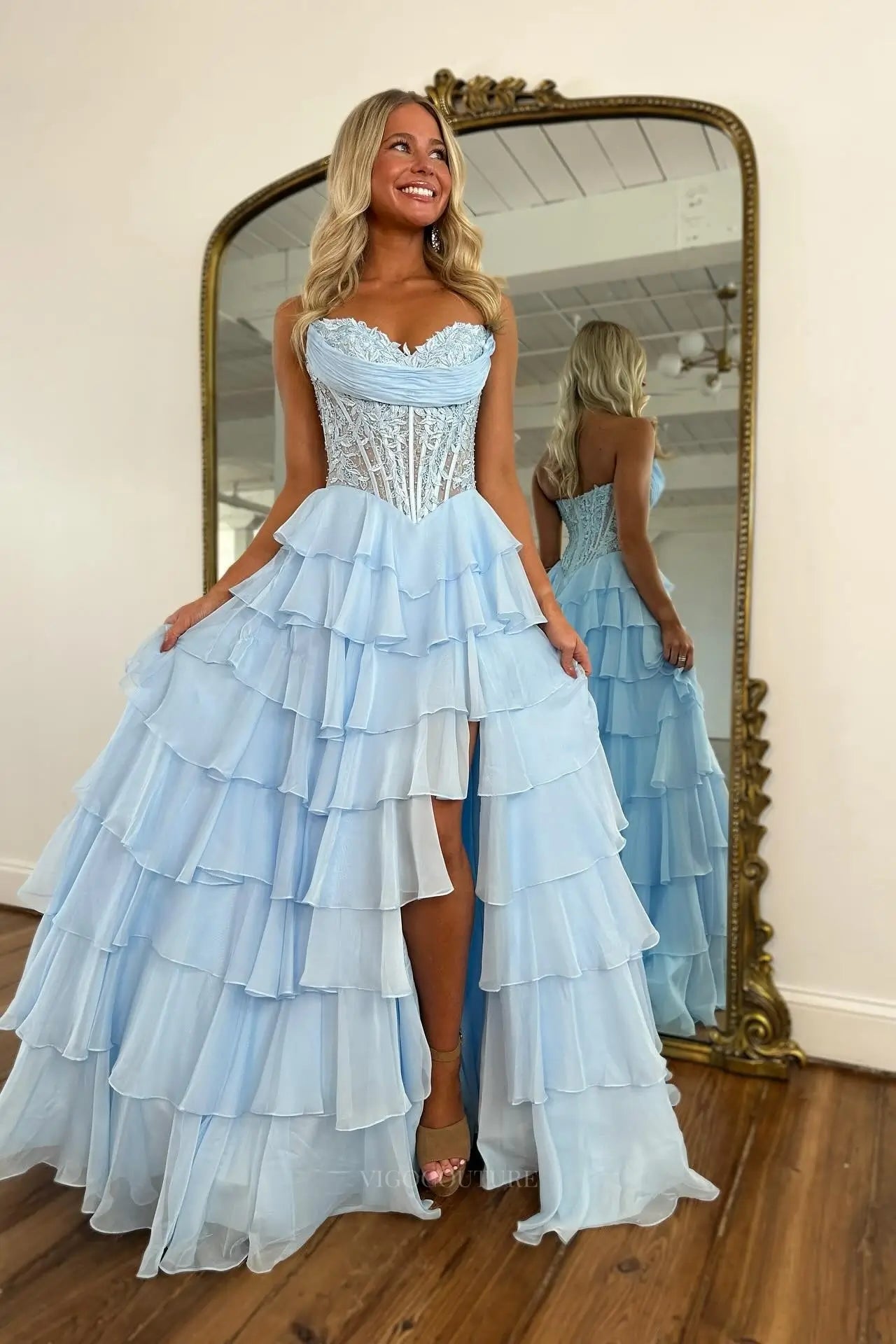Tiered Ruffle Prom Dress with Lace Corset Bodice – 26150 – vigocouture