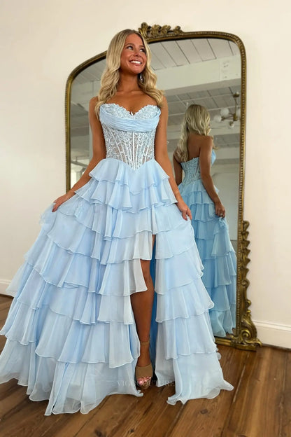 Prom Dresses 2025 to impress Romantic Tiered Ruffle Prom Dress with Lace Corset Bodice, Draped Neckline & Front Slit – 26150-vigocouture-Light Blue-US 0-vigocouture