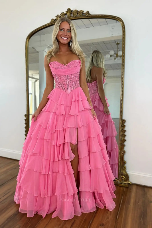 Prom Dresses 2025 to impress Romantic Tiered Ruffle Prom Dress with Lace Corset Bodice, Draped Neckline & Front Slit – 26150-vigocouture-Pink-US 0-vigocouture