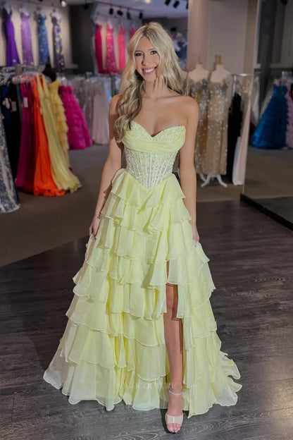 Prom Dresses 2025 to impress Romantic Tiered Ruffle Prom Dress with Lace Corset Bodice, Draped Neckline & Front Slit – 26150-vigocouture-Yellow-US 0-vigocouture