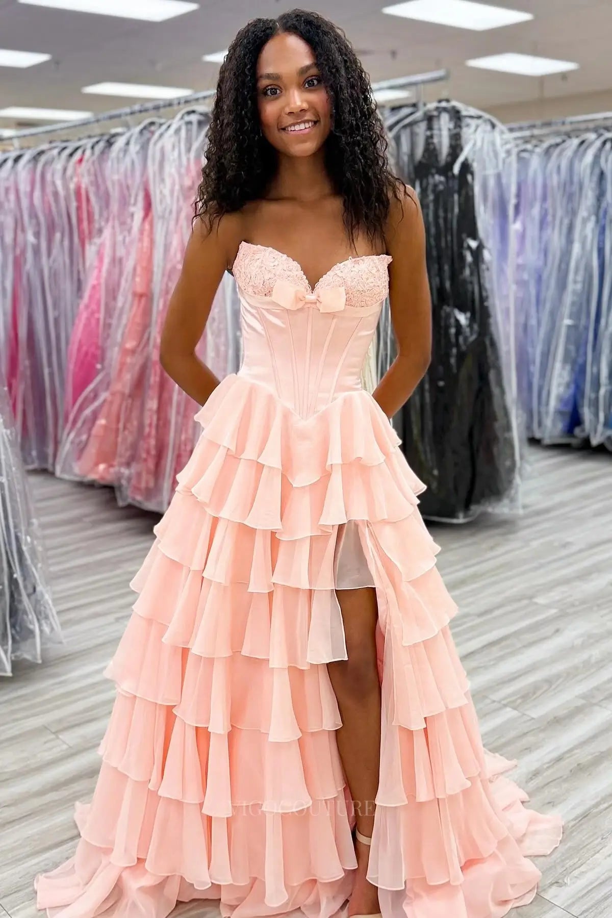 prom dresses corset bodice Romantic Tiered Ruffle Dress with Lace Sweetheart Bodice, Bow Detail & High Slit – 26155 Maxi Dresses | Nuuly Size:54 Regular This elegant evening gown chic fall fashion